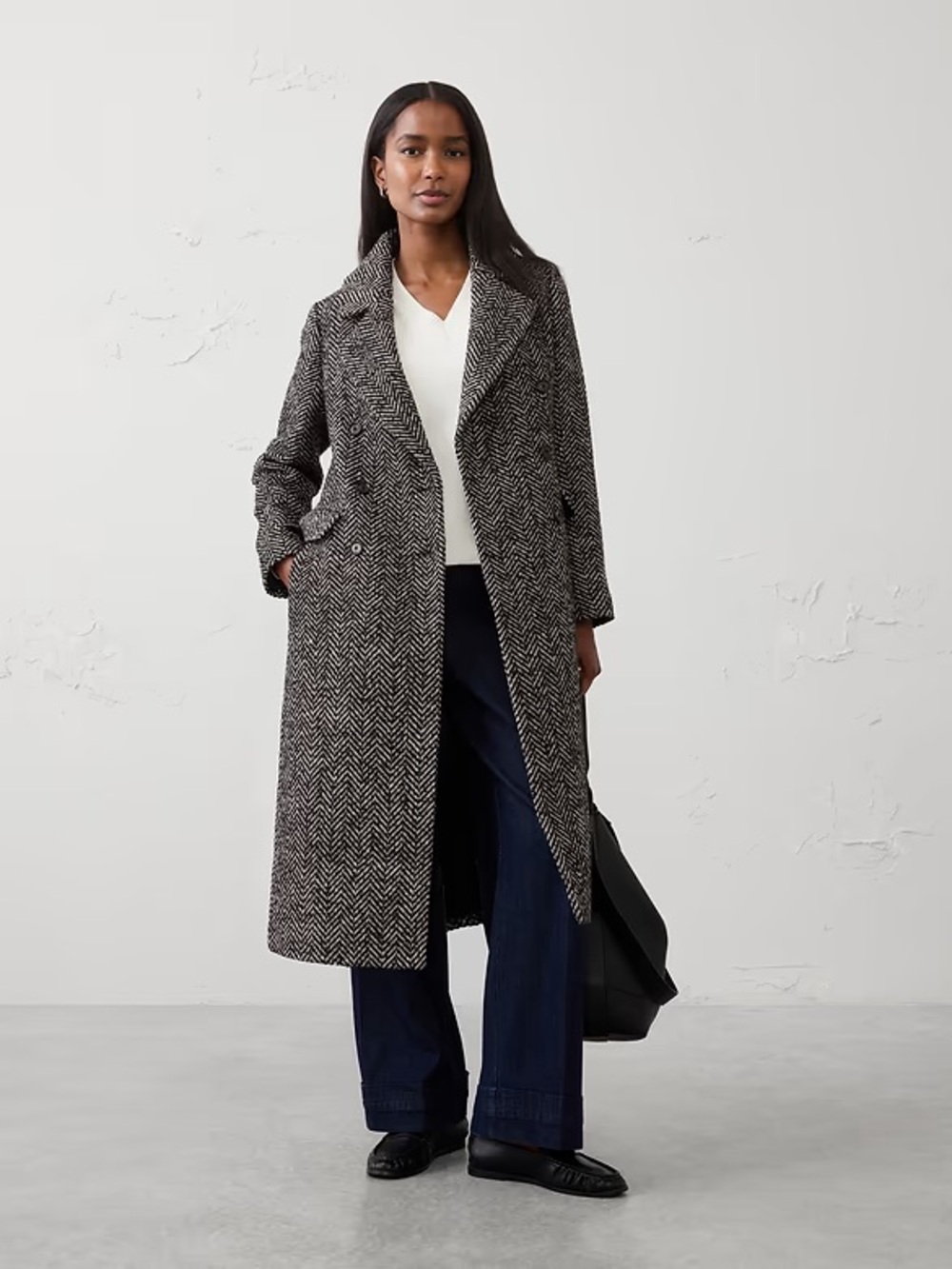 Banana Republic Navy & White Herringbone Double-Breasted Topcoat